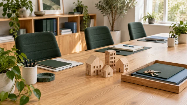 Three prepared work positions, timber model homes, folders and property keys in an empty office.