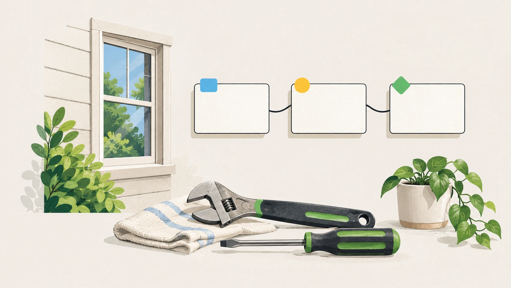 Repair tools beside a home window and three connected work cards with distinct colour tabs.